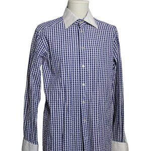 ETON SZ 16.5  Blue & White Gingham Men's Long Sleeve Button Up Shirt